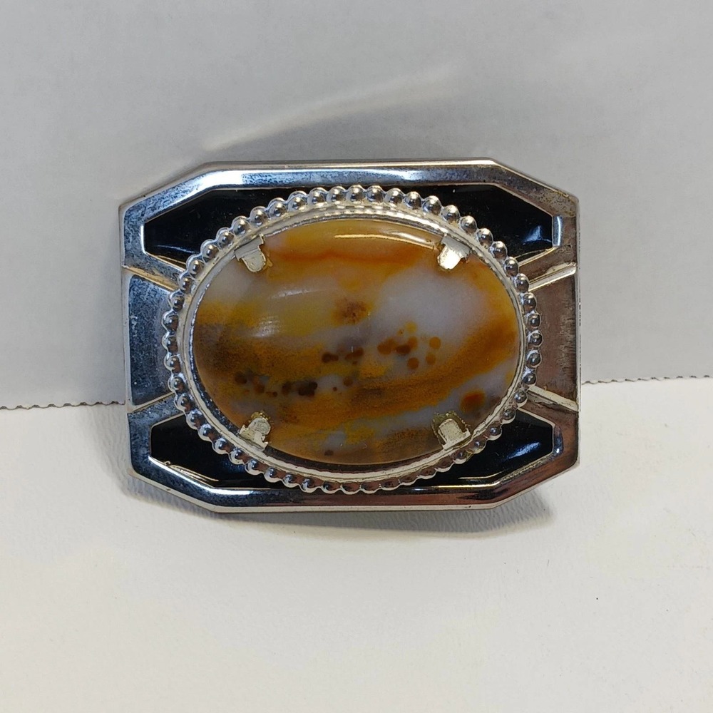 Vintage Western Agate Belt Buckle Silver Tone Black Enamel Rectangular Mens